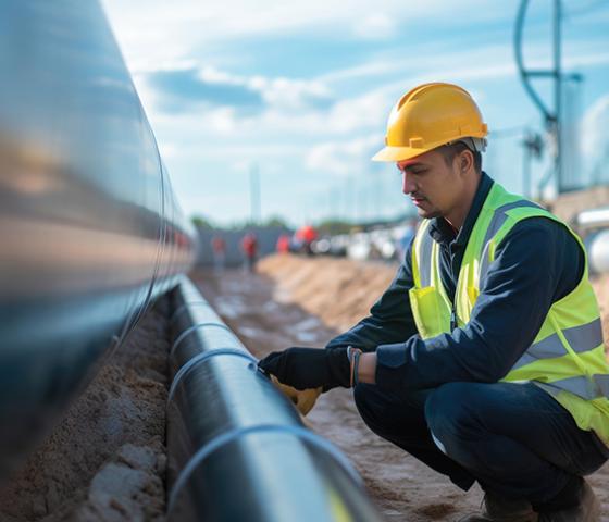 Image of a person wearing a high vis vest and yellow hard kneeling at a large pipe in the ground 