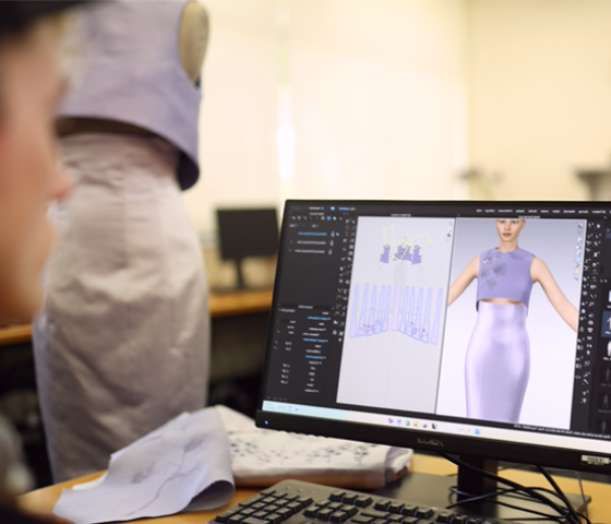 Image of a fashion design on a computer screen with a model dummy in the background 